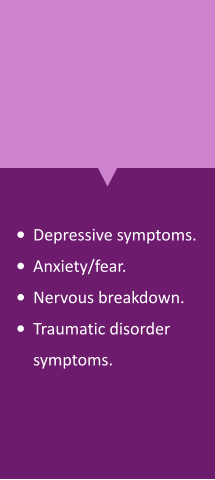 •	Depressive symptoms. •	Anxiety/fear.  •	Nervous breakdown. •	Traumatic disorder symptoms.